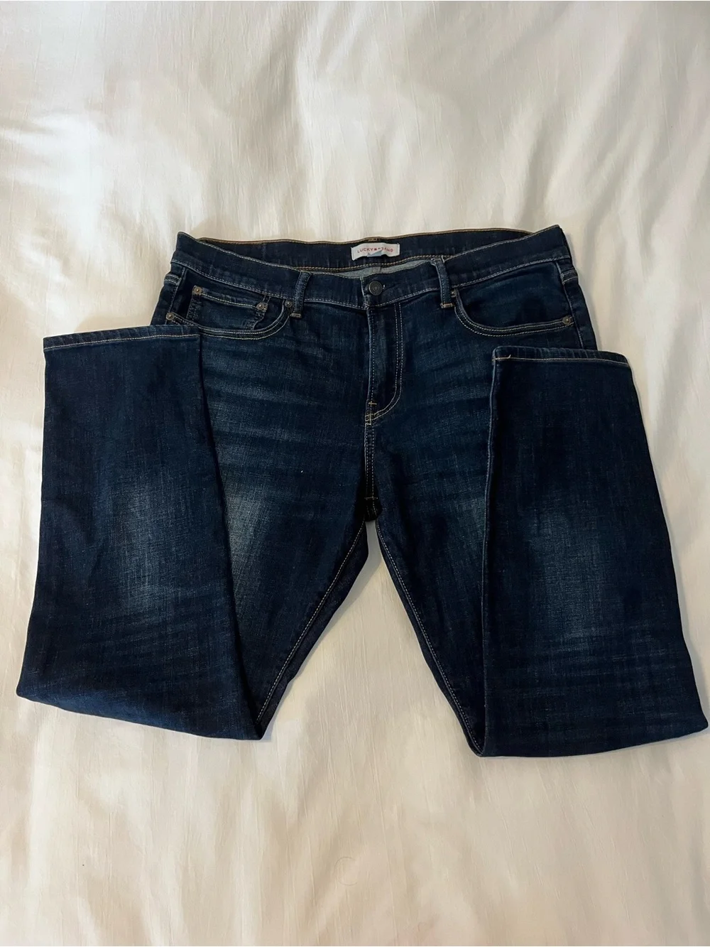 Lucky Brand Men's Dark Blue Denim Jeans with Leather Logo Patch